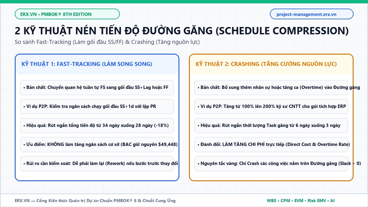 So sánh kỹ thuật rút ngắn tiến độ dự án Fast-Tracking và Crashing chuẩn PMBOK 8