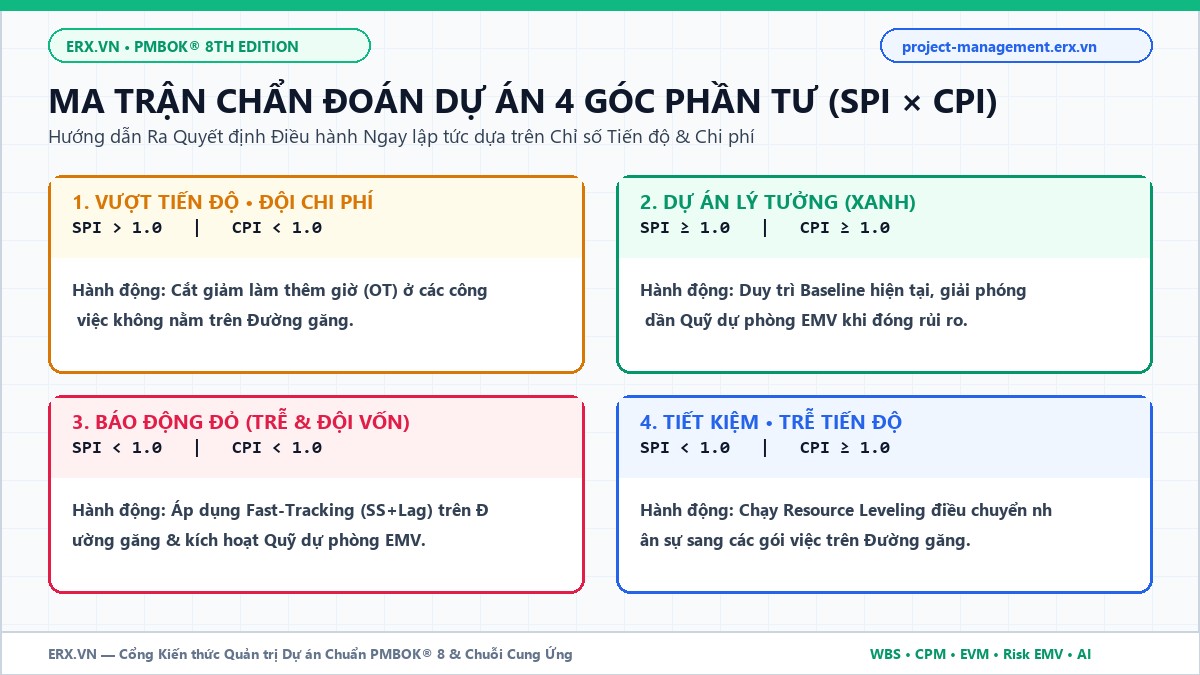 Ma trận chẩn đoán sức khỏe dự án 4 góc phần tư SPI x CPI chuẩn PMBOK 8 trên project-management.erx.vn